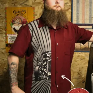 🏁🔥Chemise de Bowling Bordeaux Hot Rod Burst (BOUTONS KUSTOM) - Steady Clothing ( Made in Usa )