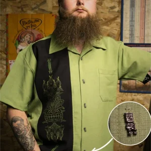 🌴Chemise de Bowling Verte Pinstriping Tiki (BOUTONS KUSTOM) - Steady Clothing ( Made in Usa )