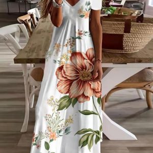 Robe Longue Fleurie Col V – Diane