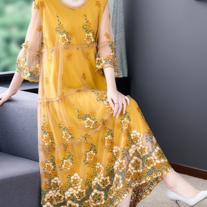 Robe Longue Jaune Moutarde Fleurie – Véronique