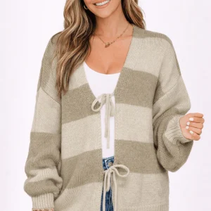 Cardigan en tricot à rayures avec nœud à l'avant pour femmes