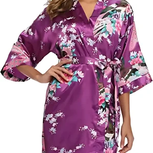 Kimono Court en Satin Violet Fleuri
