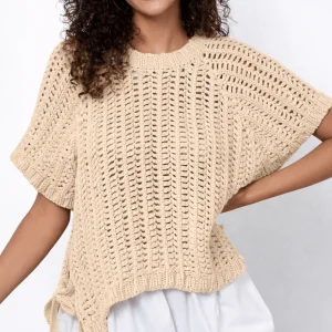 Pull en maille ouverte à manches courtes pour femmes grande taille avec détail en nœud