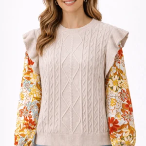 Pull Femme en Tricot Câble avec Détails Volants et Manches Florales