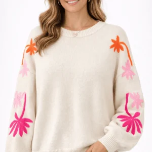 Pull Loose à Col Rond avec Manches Florales Beiges pour Femmes