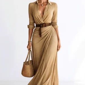 Robe Maxi à Manches Longues Ruchée Grande Taille avec Ceinture