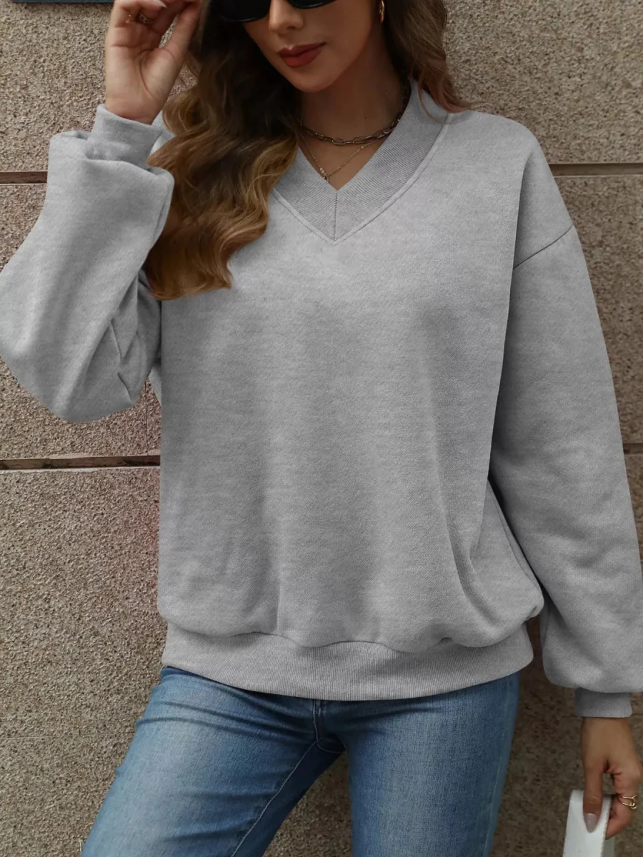 Sweat-shirt décontracté à col en V pour femmes en tissu extensible – Image 8