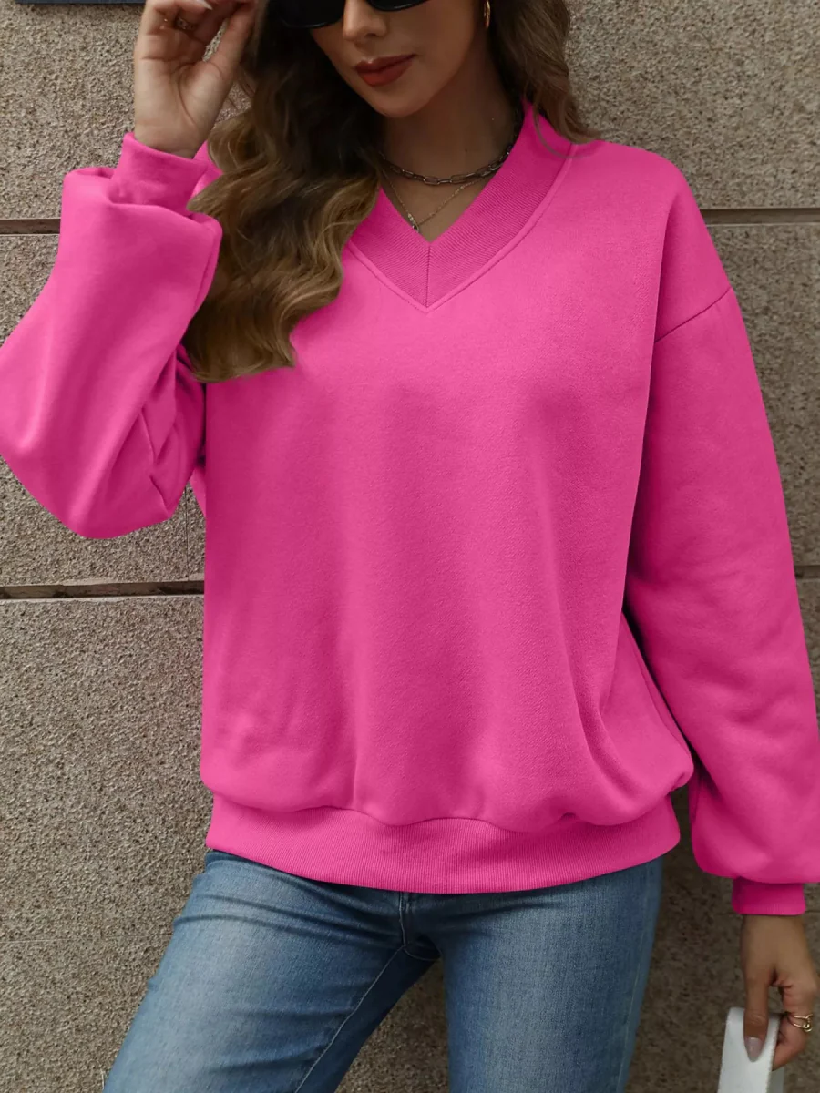 Sweat-shirt décontracté à col en V pour femmes en tissu extensible – Image 5