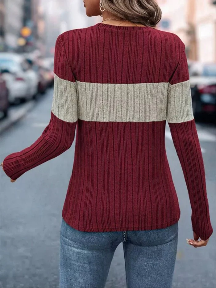 T-shirt à manches longues en tricot côtelé avec blocs de couleur pour femmes – Image 7