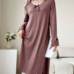 Chemise de Nuit à Manches Longues avec Col Rond