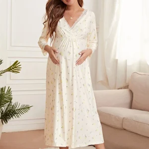 Chemise de Nuit à Manches Longues pour Allaitement en Dentelle