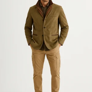 Veste homme en suédine kaki avec détails en cuir – style workwear élégant